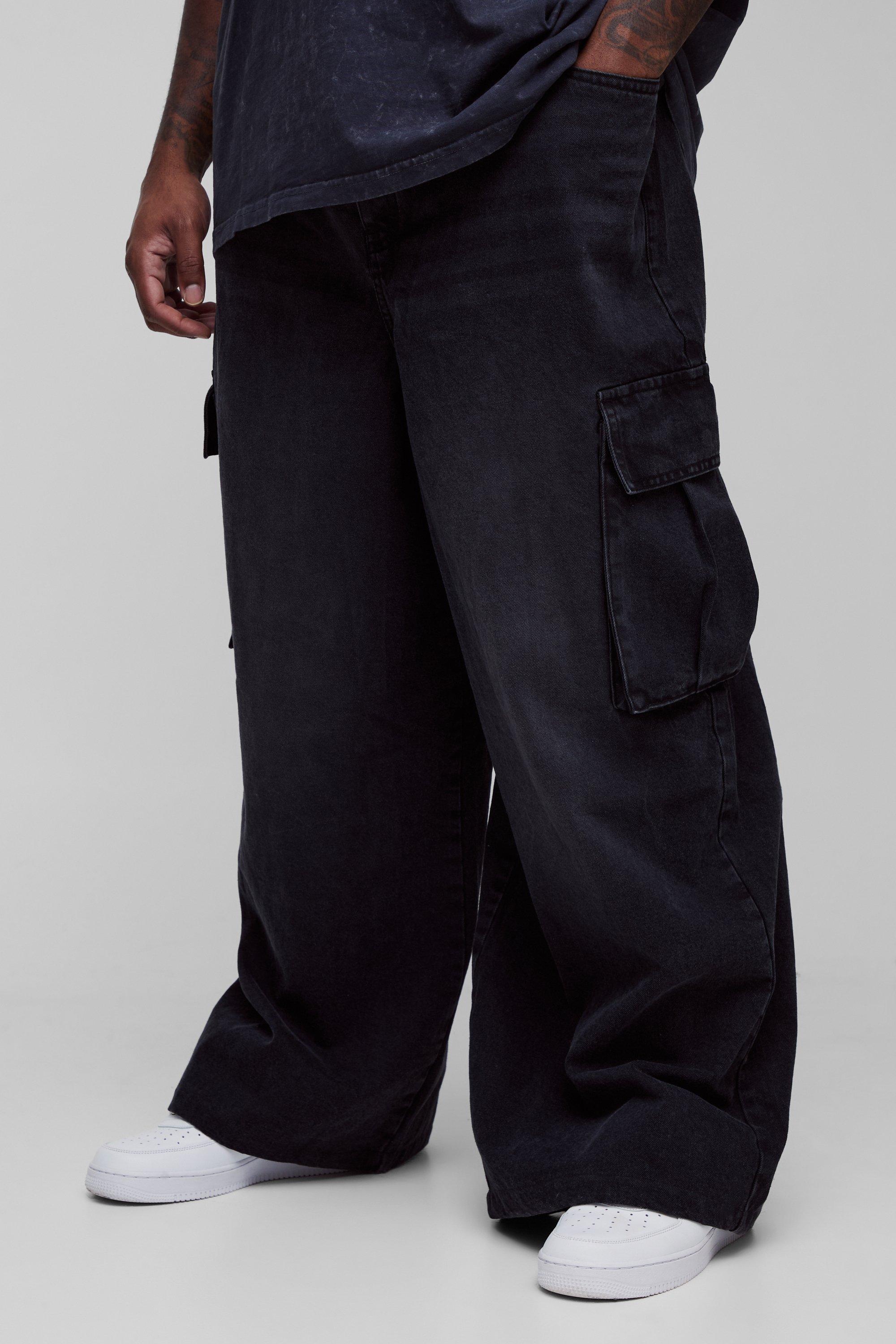 Mens Black Plus Denim Cargo Parachute Jeans with Pleat Waist Detail, Black